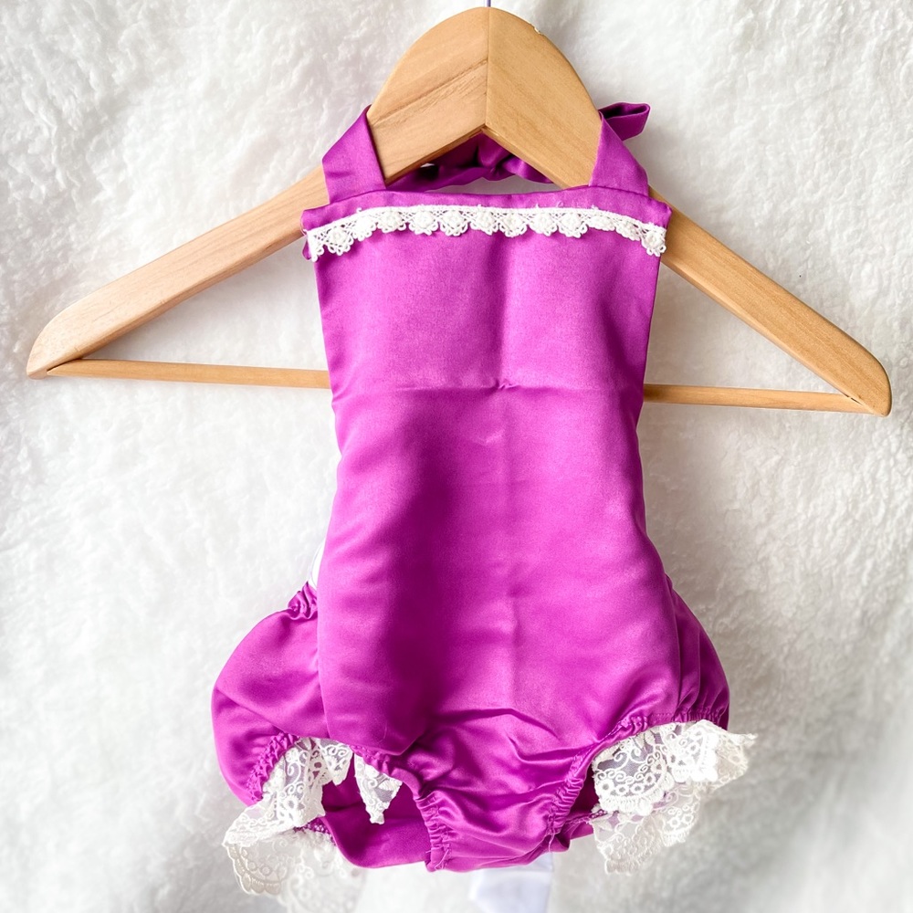 purple white lace romper